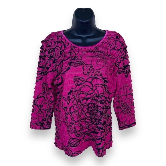 MEDIUM ERIN LONDON PINK BLACK VINTAGE TOP RUFFLE STRETCH - Picture 1 of 12